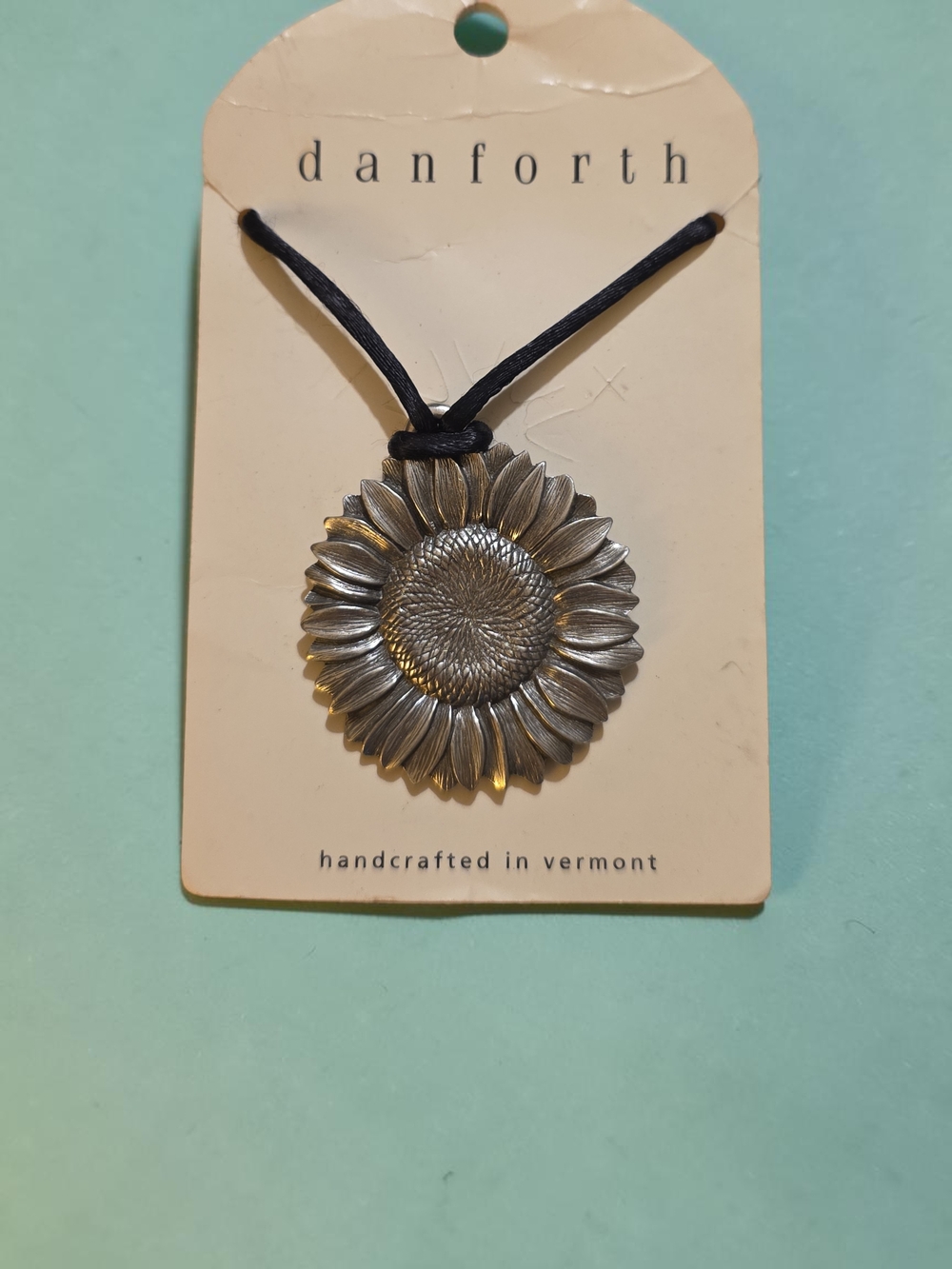 Danforth Signed 1993 Pewter Sunflower Pendant Necklace - Black Cord